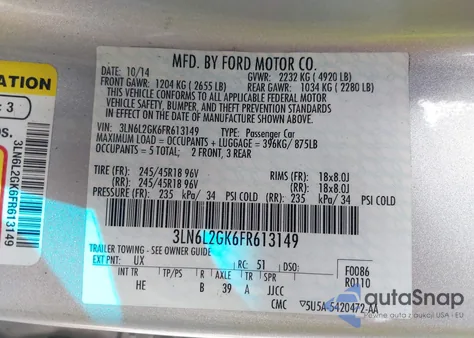 2015 Lincoln Mkz из США, поврежденный, VIN 3LN6L2GK6FR613149